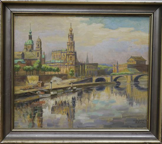 K. Hubsch-Mann (1878-1955), oil on board, View of Dresden, signed, 44 x 53cm